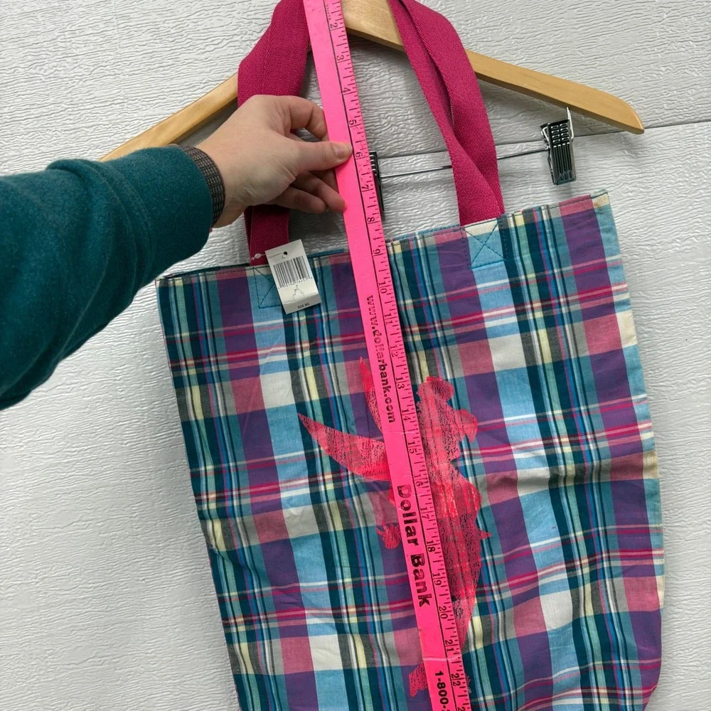 NWT Disneyland Parks Store Tinkerbell Plaid Tote shoulder Bag Pink Green Blue‎
